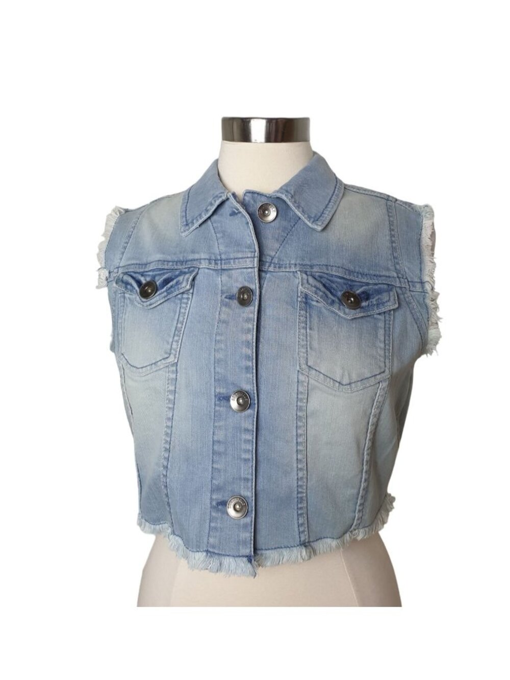 Southpole Womens L Denim Vest Light Blue Frayed Edges Grunge Hip Hop Designer - Picture 1 of 9